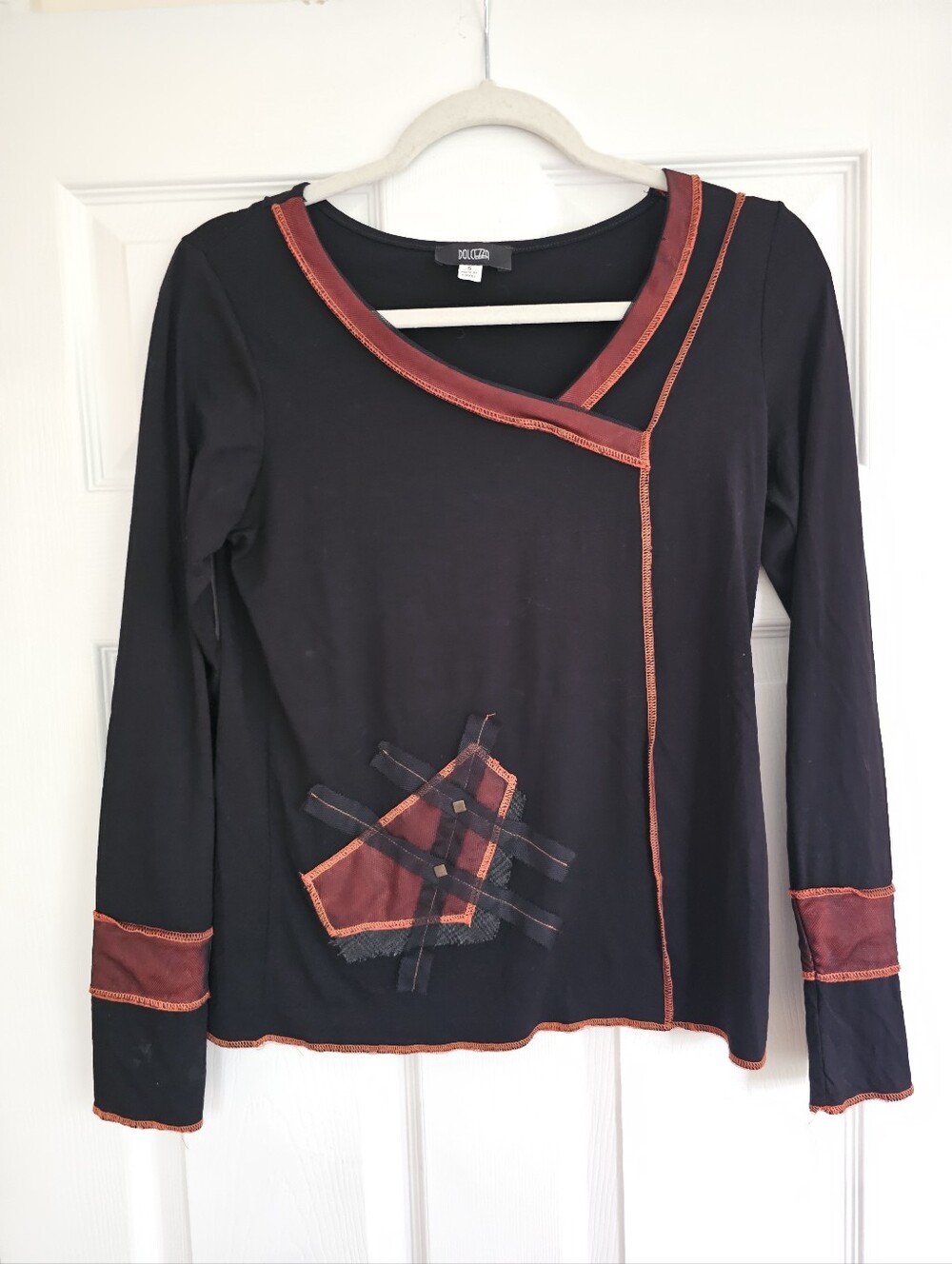 Dolcezza Deconstructed Patchwork Knit Top - Black Orange Size S
